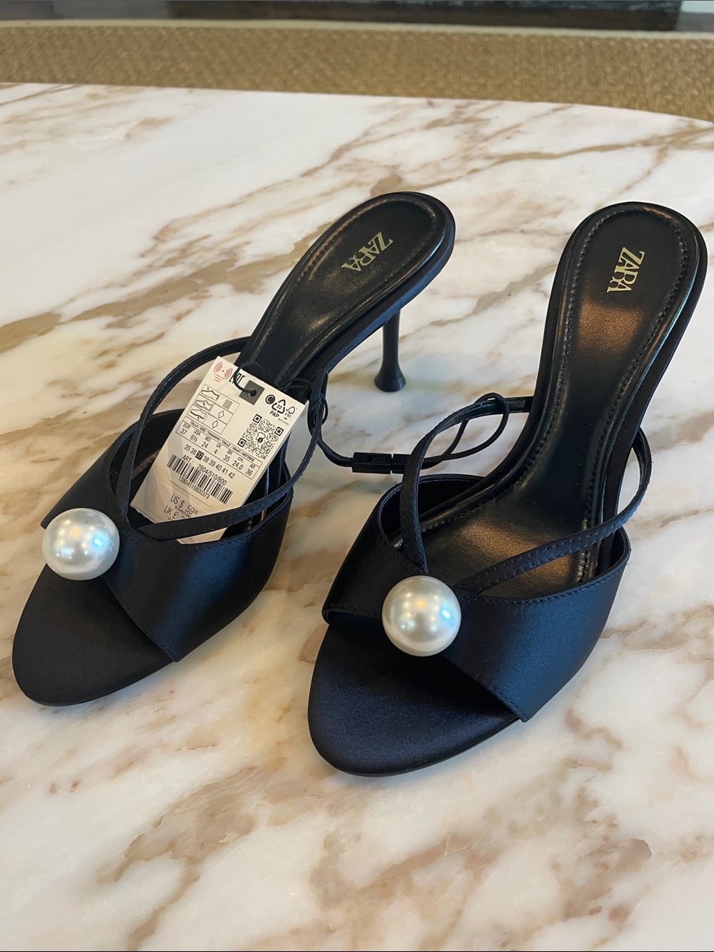 ZARA Black Pearl-Embellished Heeled Mules